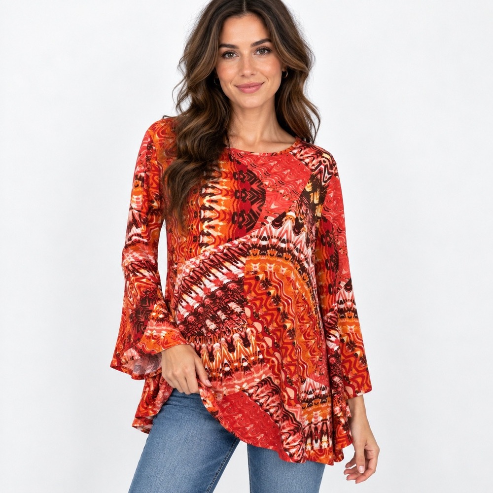New Directions Tunic Large Orange Red Geometric Bell Sleeve Knit Top